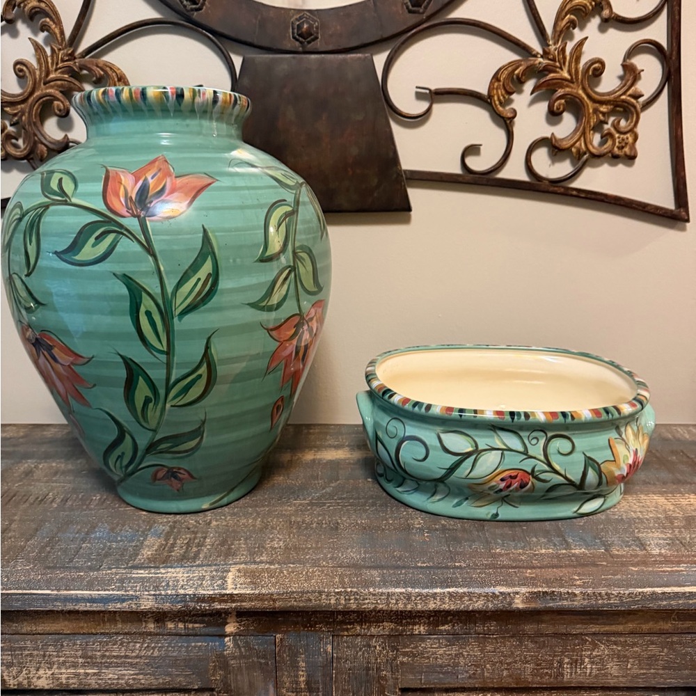 Turquoise Floral Ceramic Vase and Oval Planter - Turquoise